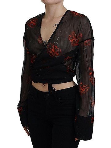 Dsquared2 Black Floral Print Cropped Wrap Long Sleeves Women's Top (view 2)