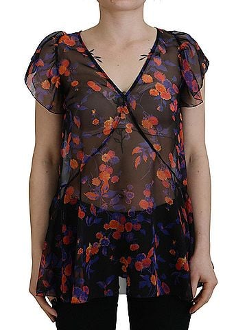 Dsquared2 Black Floral Print Short Sleeves V-neck Blouse Women's Top (view 1)