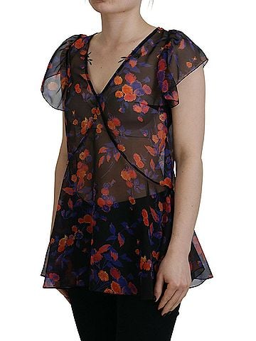 Dsquared2 Black Floral Print Short Sleeves V-neck Blouse Women's Top (view 2)