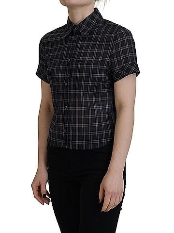 Dsquared2 Black Checkered Collared Button Short Sleeves Women's Top (view 2)