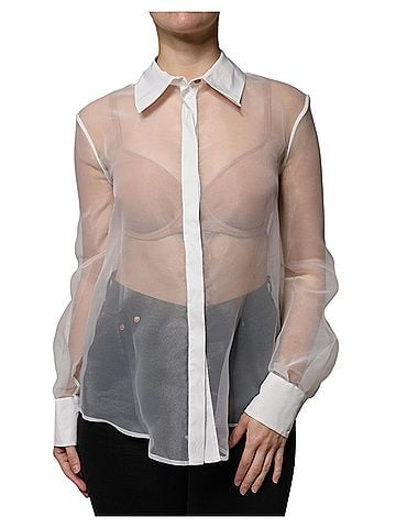 Elisabetta Franchi White Sheer Collared Buttoned Long Sleeves Women's Top (view 1)