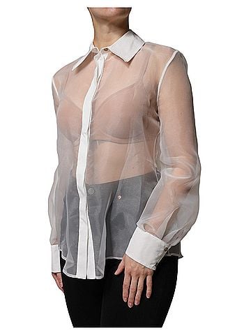 Elisabetta Franchi White Sheer Collared Buttoned Long Sleeves Women's Top (view 2)