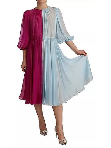 Dolce & Gabbana Basic Fuchsia Light Blue Silk Two Tone Midi Women's Dress (view 1)