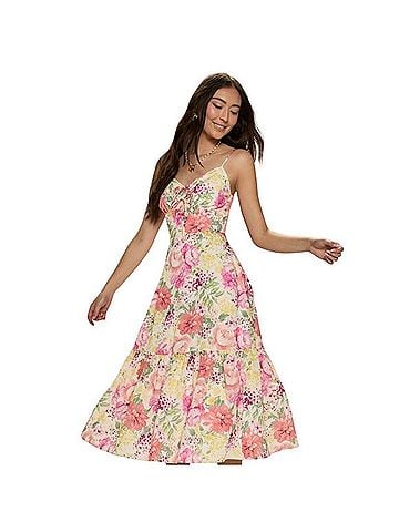 Francesca's Lauren Lace Up Floral Midi Dress Casual Dress (view 1)