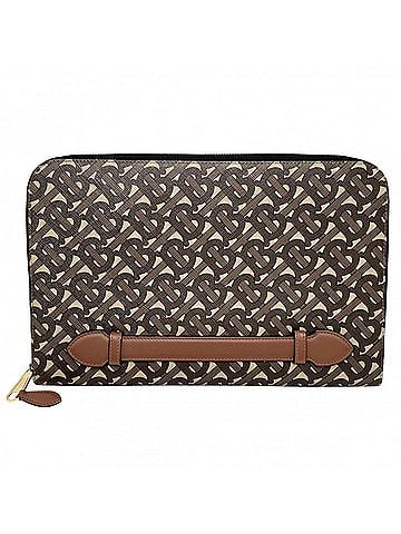 Burberry Burberry clutch bag for men, TB logo, all-over print, coated canvas and leather, brown, beige, gold hardware. (view 1)