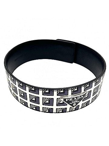 Prada Prada choker for women, triangle logo accessory, PRADA leather, 2IC046, black, white, silver hardware. (view 1)