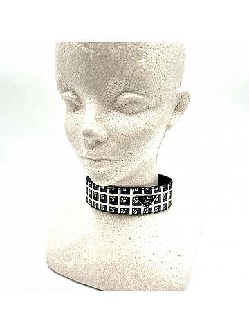 Prada Prada choker for women, triangle logo accessory, PRADA leather, 2IC046, black, white, silver hardware. (view 2)