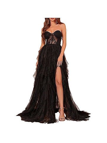 FAERIESTY Sheer Mesh Bodice Contrast Layered Mesh Hem Dress Cocktail Dress (view 1)