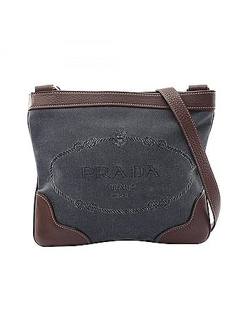 Prada Prada logo jacquard shoulder bag/handbag, canvas and leather, women's, navy/brown. (view 1)