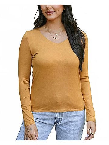 Grace & Lace Modal V-Neck Long Sleeve Tee in Mustard (view 2)