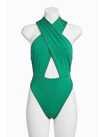 Ronny Kobo Tara Cross-Front Slinky Jersey Bodysuit in Poison Green (view 1)