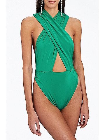 Ronny Kobo Tara Cross-Front Slinky Jersey Bodysuit in Poison Green (view 2)