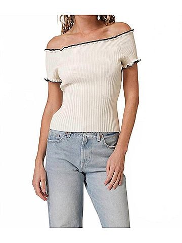 Line & Dot Reonny Off The Shoulder Sweater in Black/Cream (view 2)