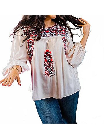 Layers Clothing Embroidered 3/4 Sleeve Top in Cream (view 2)