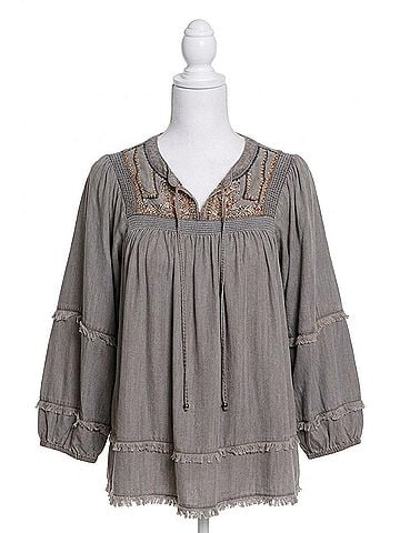 MULTIPLES Embroidered Fringe Hemline Blouse in Grey (view 1)