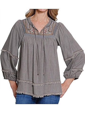 MULTIPLES Embroidered Fringe Hemline Blouse in Grey (view 2)