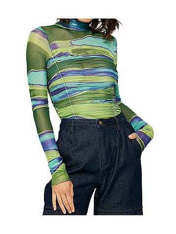 Line & Dot Joni Ruched Bodysuit Top in Blue (view 2)