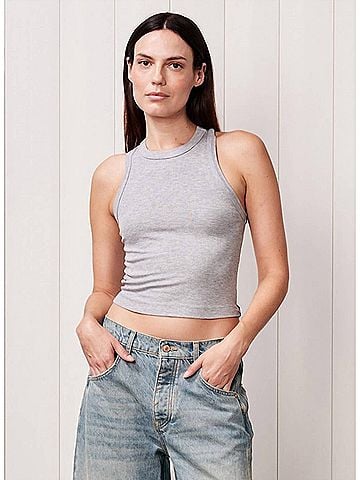 Stateside Fine 2x1 Rib Cropped High Neck Tank Top in Heather Grey (view 2)