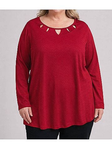 Southern Lady Hollywood Long Sleeve Detailed Neckline Tee in Red (view 2)