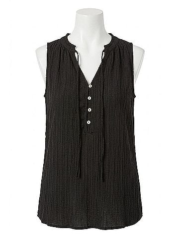 Tribal Sleeveless Blouse With Button Placket in Black (view 1)