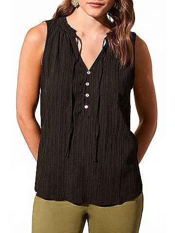 Tribal Sleeveless Blouse With Button Placket in Black (view 2)
