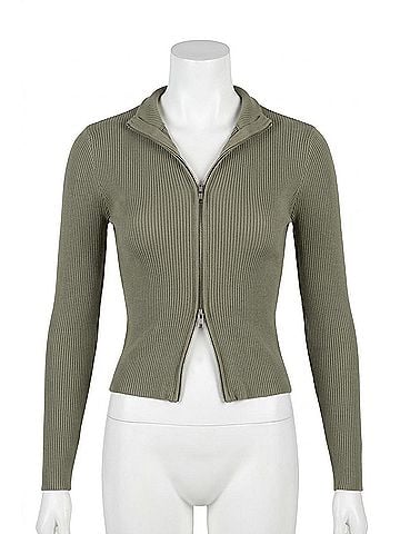 Active Basic Women's Fitted Ribbed Double Zip Cropped Top in Green (view 1)