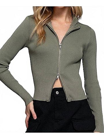 Active Basic Women's Fitted Ribbed Double Zip Cropped Top in Green (view 2)