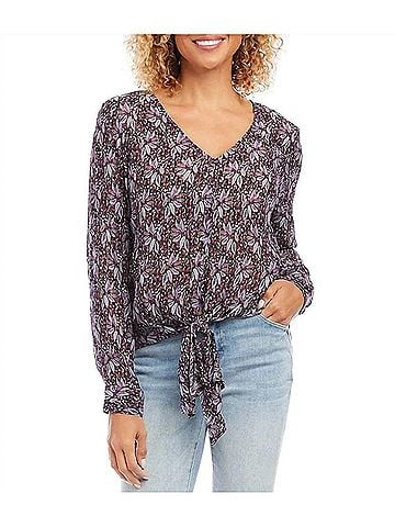 Karen Kane Fancee Floral Metallic Crepe V-Neck Tie Front Top in Purple (view 2)