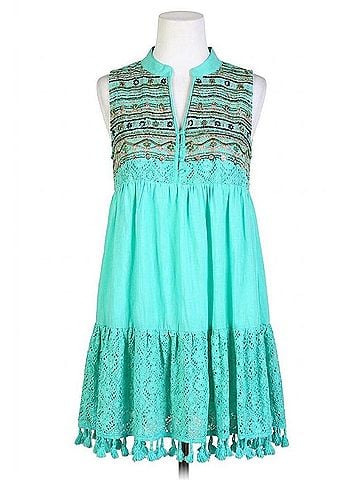 Velzera Lace Fringe Embroidered Sleeveless Tunic in Mint (view 1)
