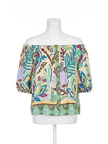 Jade Button Front Off Shoulder Top in Forest Broder (view 1)