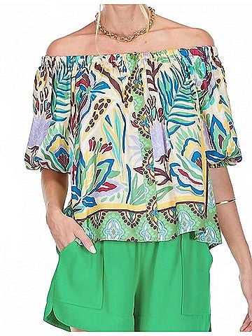 Jade Button Front Off Shoulder Top in Forest Broder (view 2)