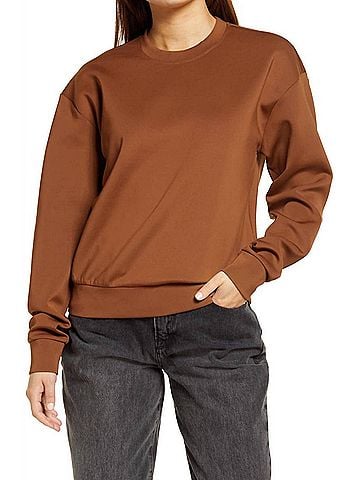Good American Women's Scuba Boyfriend Crewneck Sweatshirt in Burnt Caramel (view 2)