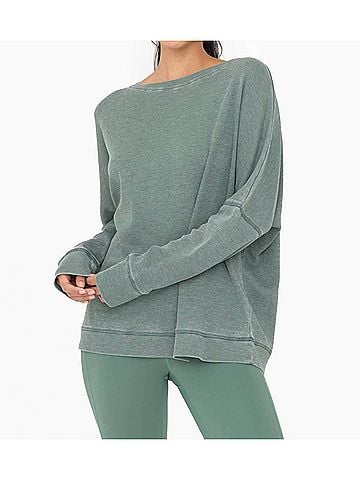 Mono b Waffle Ribbed Round Neck Pullover in Dark Basil (view 2)
