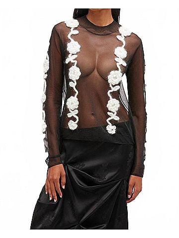 Ganni Flower Crochet Mesh Top in Black (view 2)