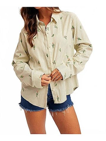 Hem & Thread Cactus Embroidery Shirt in Green (view 2)