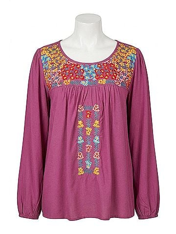 Andree by UNIT Embroidered Balloon Sleeve Blouse in Magenta (view 1)