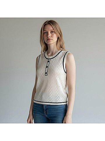 Autumn Cashmere Cropped Boxy Two Tone Pointelle Shell Top in White Navy (view 2)