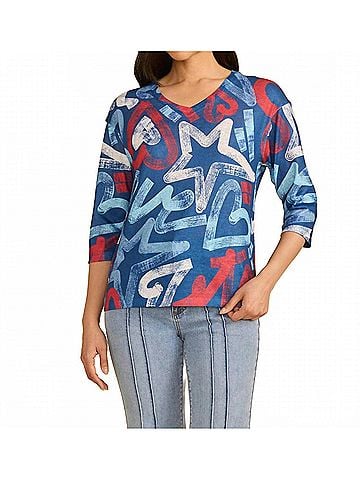 FDJ Abstract Three Quarter Sleeve Top in Pop (view 2)
