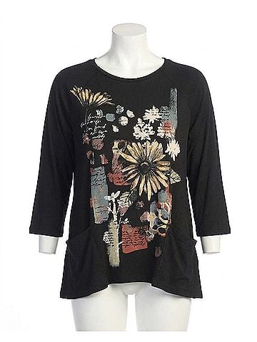 Jess & Jane Golden Mineral Washed Patch Pocket Cotton Top in Black (view 1)