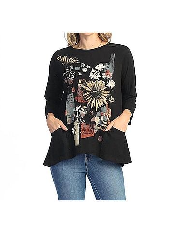 Jess & Jane Golden Mineral Washed Patch Pocket Cotton Top in Black (view 2)