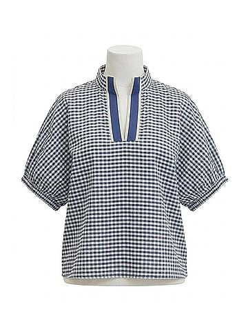 Entro Short Sleeve Top - Plus in Navy Gingham (view 1)