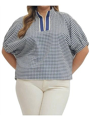 Entro Short Sleeve Top - Plus in Navy Gingham (view 2)