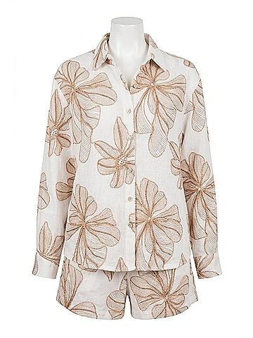 Tribal Long Sleeve Button Front Blouse in White/Brown Floral (view 1)