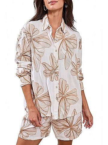 Tribal Long Sleeve Button Front Blouse in White/Brown Floral (view 2)