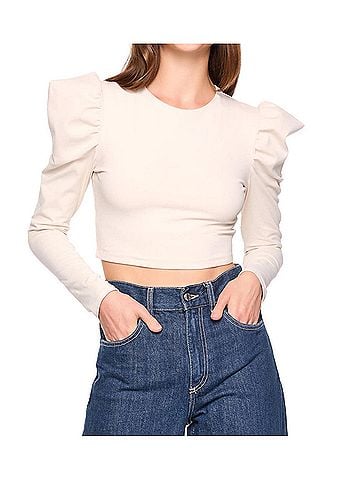 Susana Monaco Pleated Crew Long Sleeve Top in Blanched Almond (view 2)