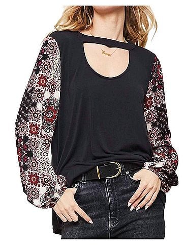 Promesa U.S.A. Floral Print Sleeve Knit Top in Black (view 2)