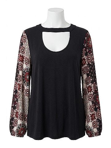 Promesa U.S.A. Floral Print Sleeve Knit Top in Black (view 1)