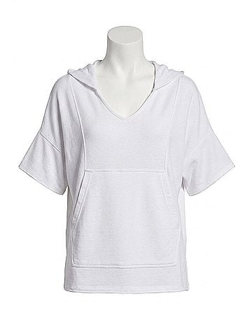 Kensie V-Neck Ribbed Short Sleeve Pullover Sweatshirt in White (view 1)
