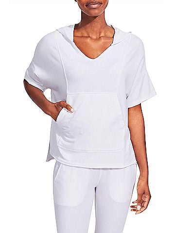 Kensie V-Neck Ribbed Short Sleeve Pullover Sweatshirt in White (view 2)