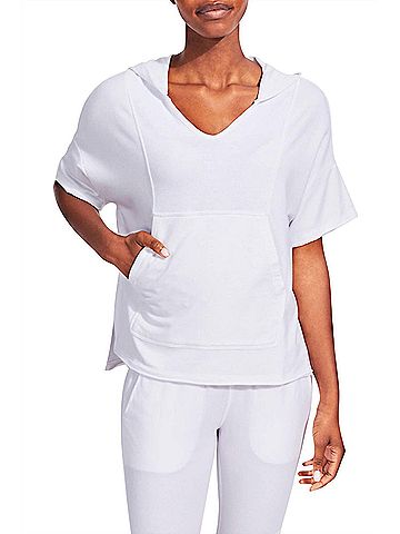 Kensie V-Neck Ribbed Short Sleeve Pullover Sweatshirt in White (view 2)